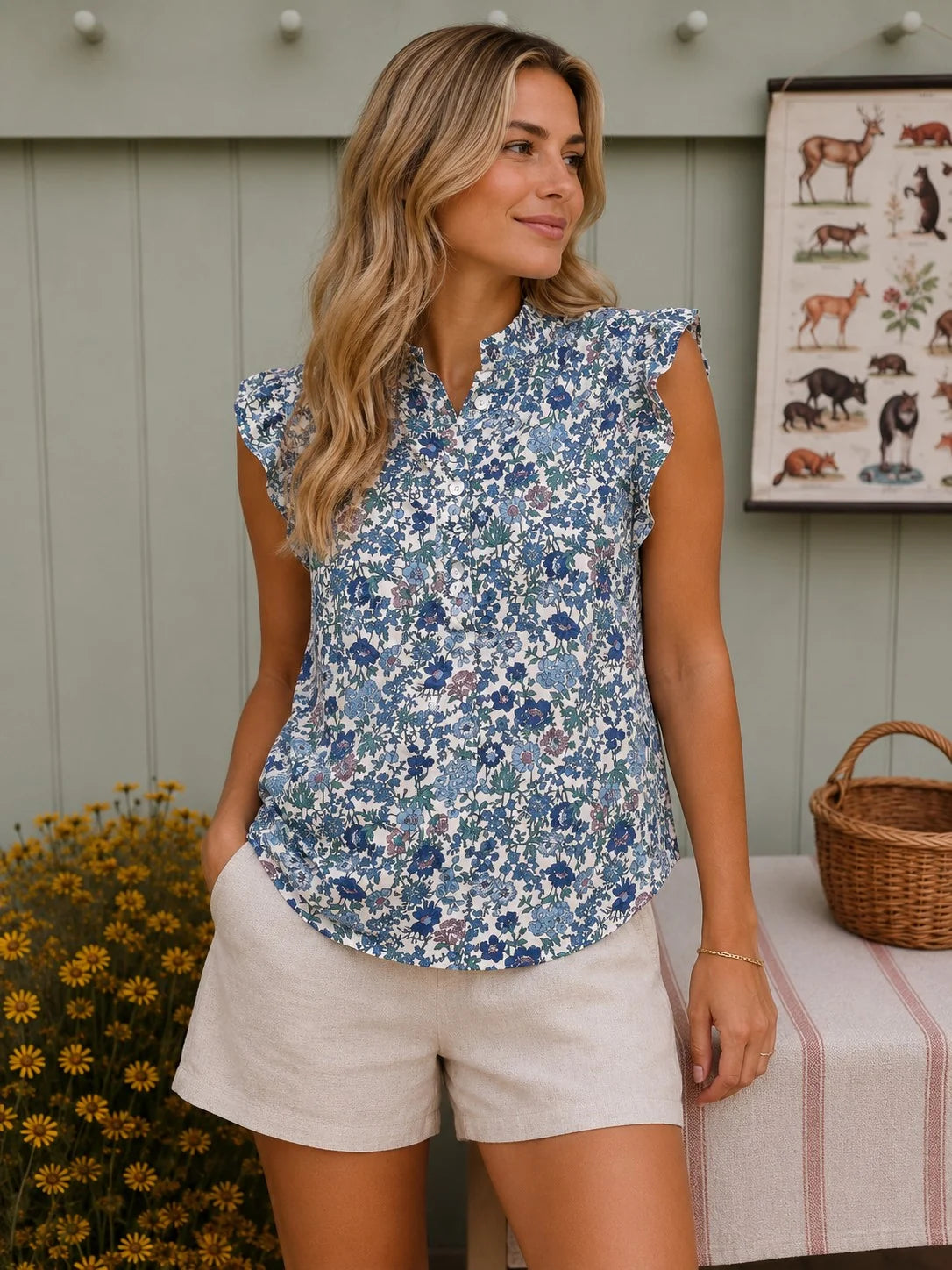 Ditsy Daisy Blue Frill Top