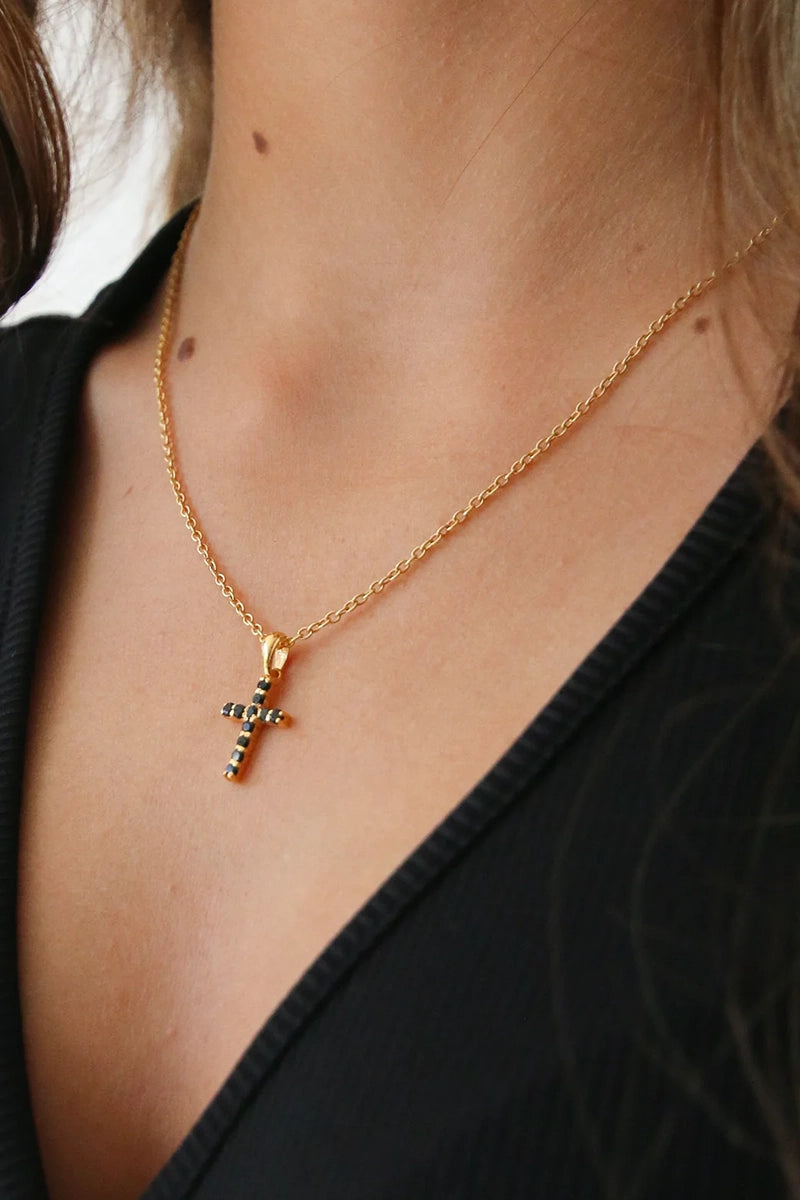 18k Gold Vermeil Black Onyx Cross Necklace