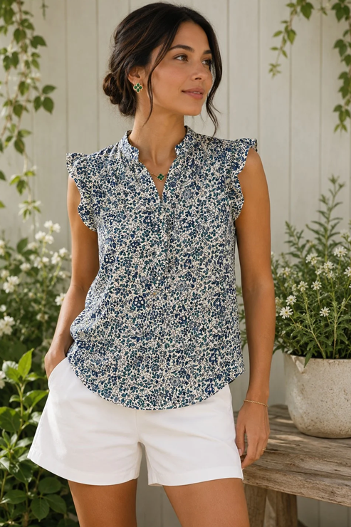 Ditsy Floral Blue Frill Top